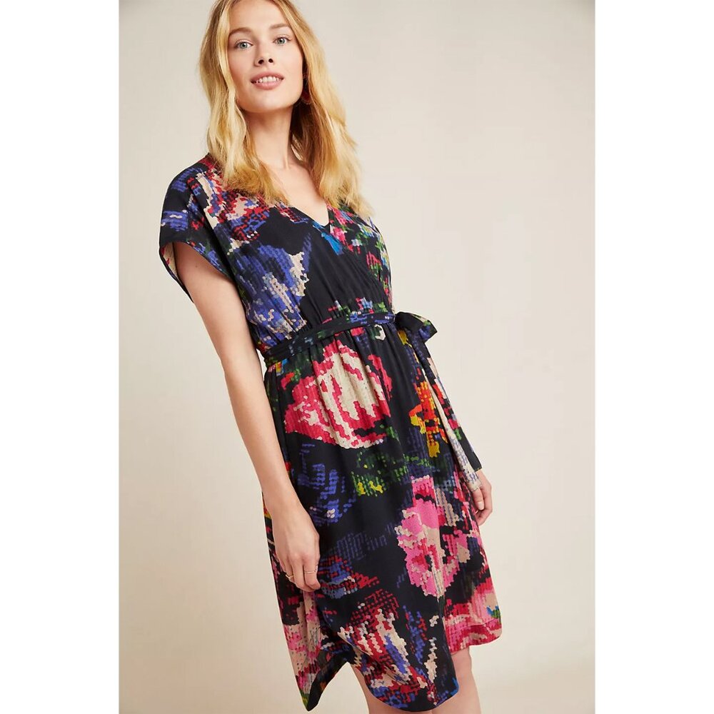 Anthropologie Astrid Needlepoint Floral Surplice Tie Waist Mini Dress